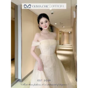 Đầm Maxi Trễ Vai Thắt Eo Chân Váy Nhiều Tầng Xòe Bồng Nữ Tính