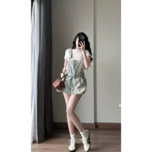 Quần đùi yếm giả váy dáng ngắn mix dây thắt lưng, Quần yếm demin lưng cao phong cách dễ thương