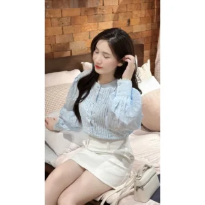 Áo Sơ Mi Đũi Kiểu Nữ Xếp Ly Cổ Tàu sơ mi Tay Bồng Xuyên Thấu Nhẹ Nữ Tính