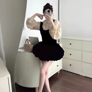 Set Yếm Nhung Dáng Bí 2 Món Gồm Áo Sơ Mi Đũi Cổ Sen Tay Bồng Mềm Mại + Yếm Quần Nhung 2 Lớp Thắt Nơ Lưng